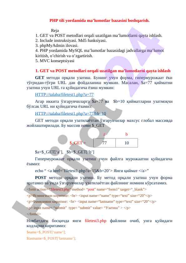 Php tili yordamida ma'lumotlar bazasini boshqarish