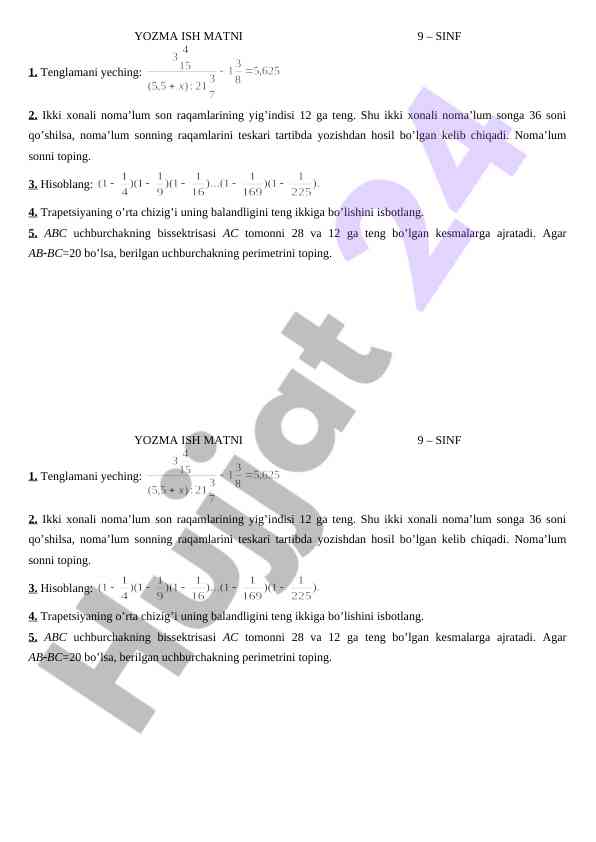 Matematik tenglamalar va hisoblash misollari