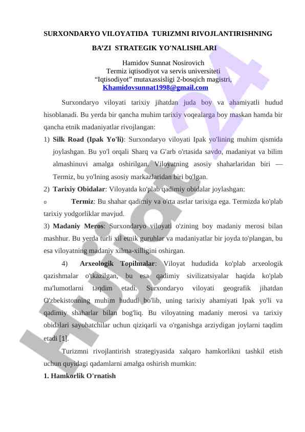 Surxondaryoda turizmni rivojlantirish strategiyalari
