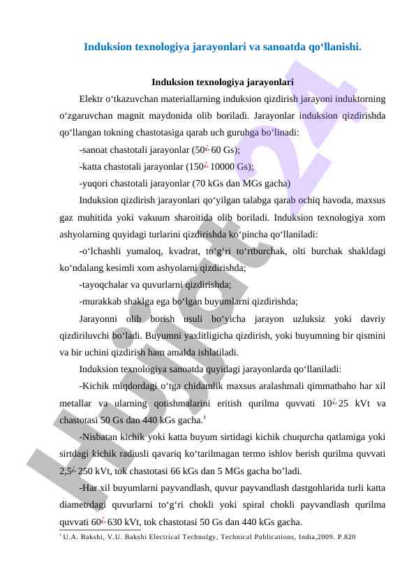 Induksion texnologiya jarayonlari va sanoatda qo‘llanishi