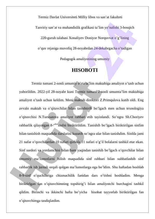 Pedagogik amaliyotining umumiy hisoboti
