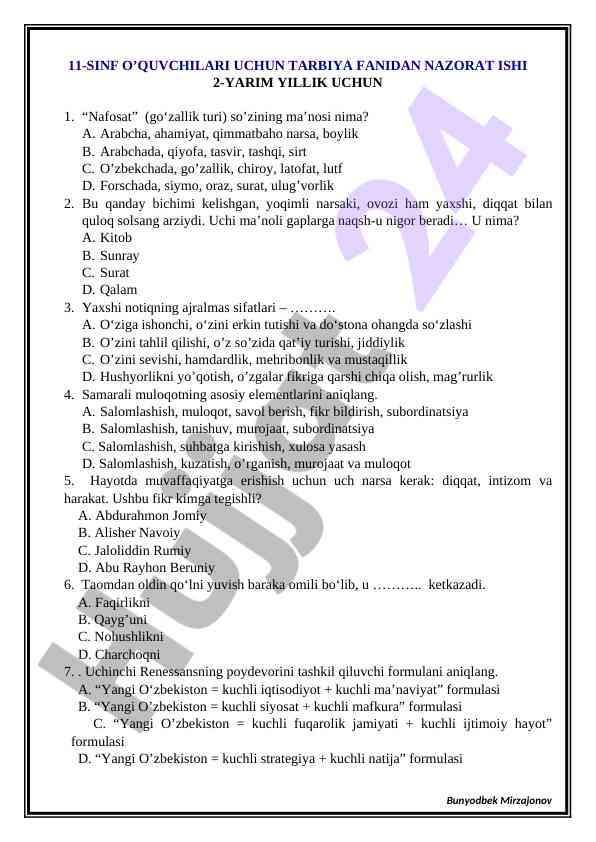 Tarbiya fanidan nazorat ishlari 11-sinf uchun