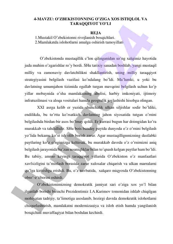 O‘zbekistonning mustaqillik va rivojlanish bosqichlari
