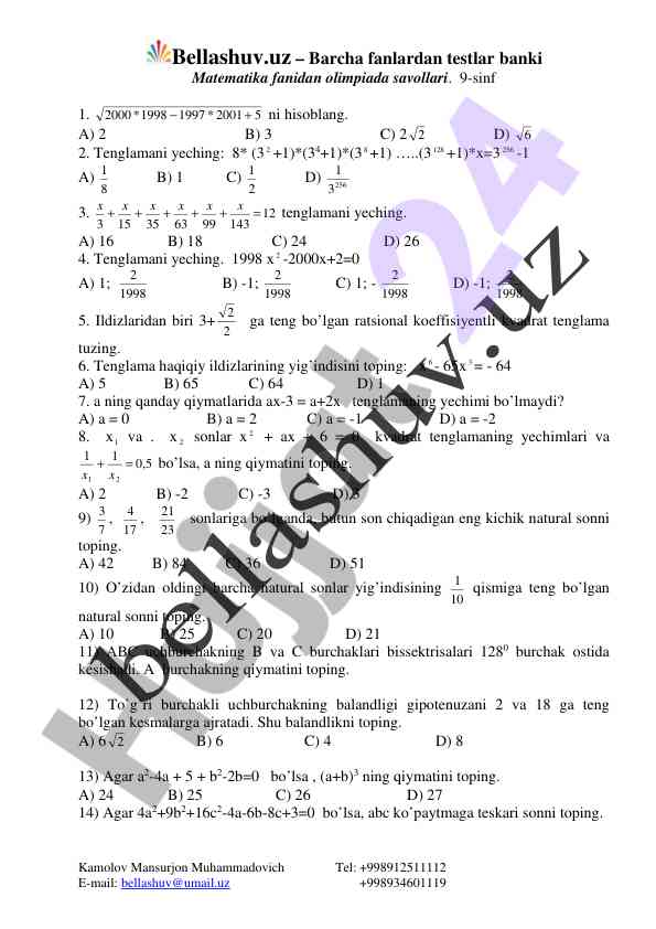 Matematika olimpiadasi savollari va yechtirishlar