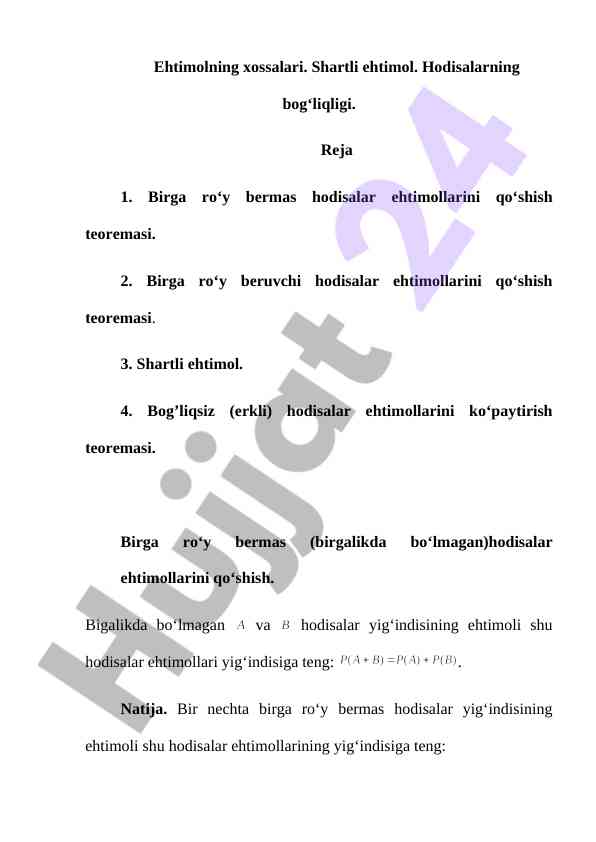 Ehtimolning xossalari va teoremalari tahlili