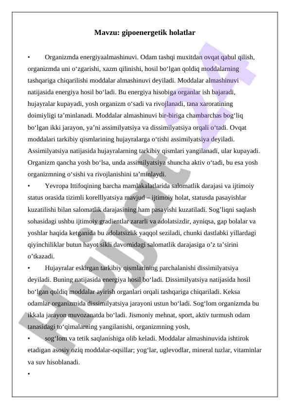 Gipoenergetik holatlar va moddalar almashinuvi