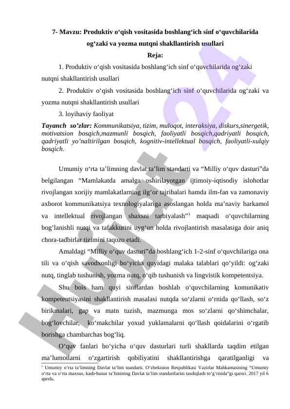 Produktiv o‘qish vositasida nutqni shakllantirish usullari