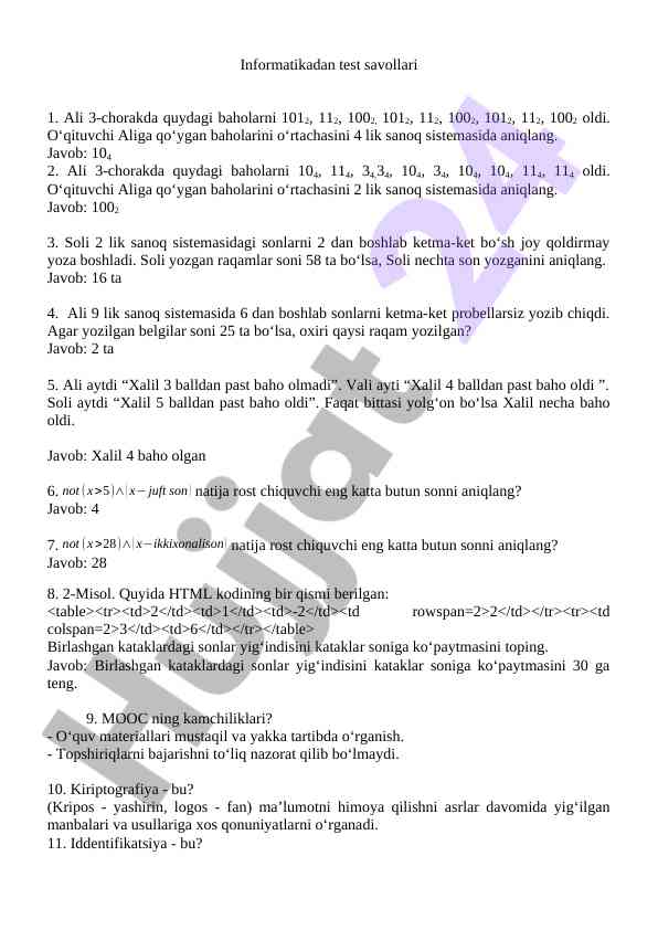 Informatika test savollari va javoblari