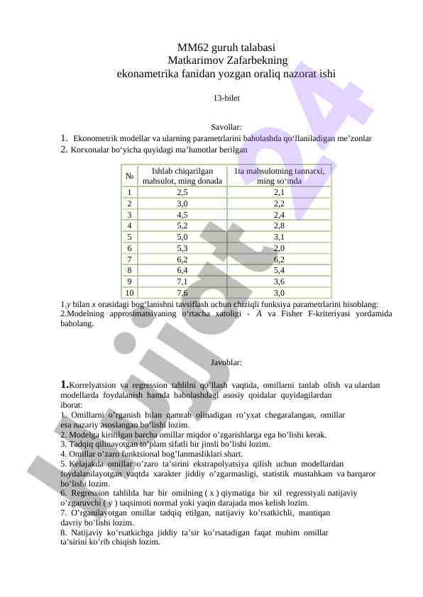 Ekonametrika fanidan nazorat ishining tahlili