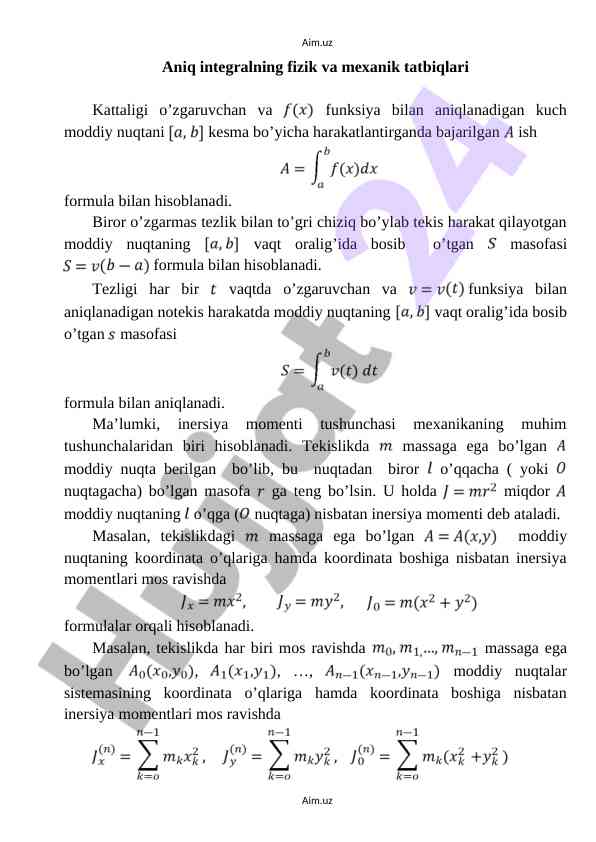 Aniq integralning fizik va mexanik tatbiqlari