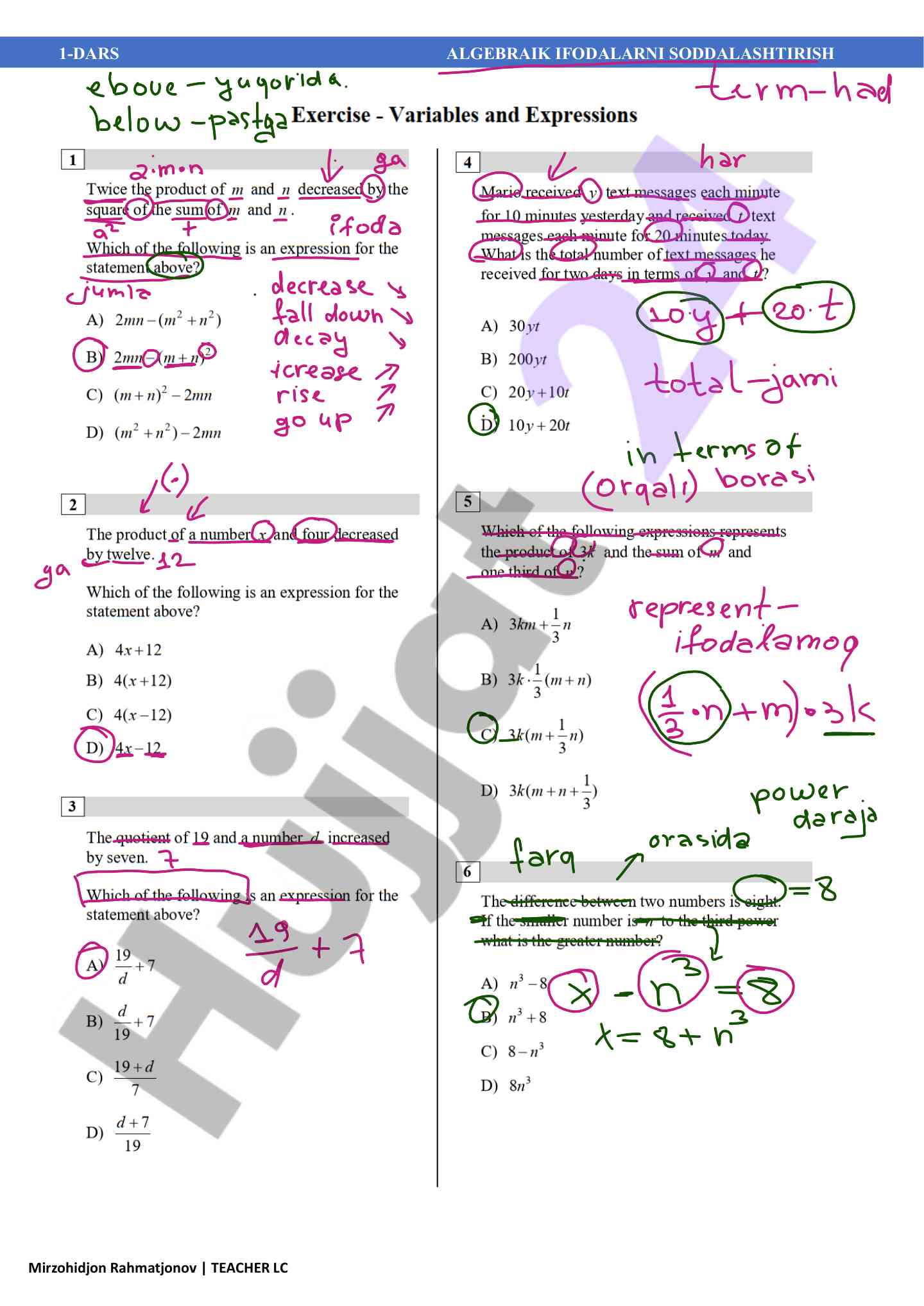 Dars algebraik ifodalarning soddalashtirilishi