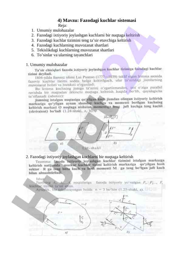 Fazodagi kuchlar tizimi va muvozanat shartlari