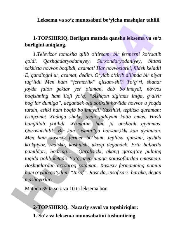 Leksema va so‘z munosabati bo‘yicha mashqlar tahlili