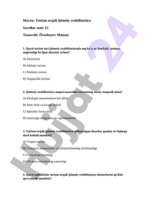 Turizm orqali ijtimoiy reabilitatsiya savollari