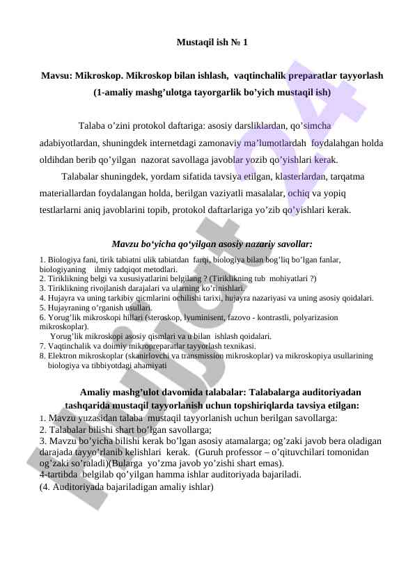 Mikroskop bilan ishlash va preparatlar tayyorlash