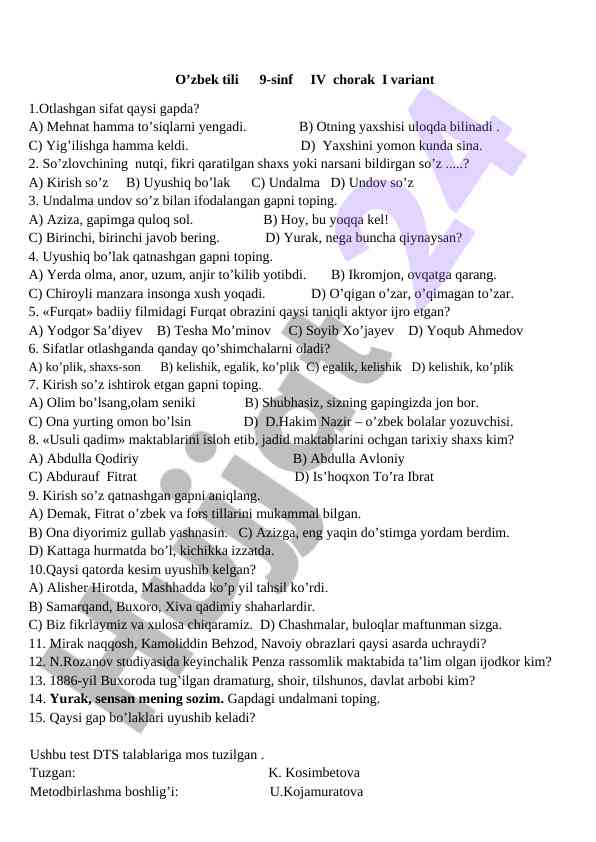 O’zbek tili 9-sinf iv chorak savollari