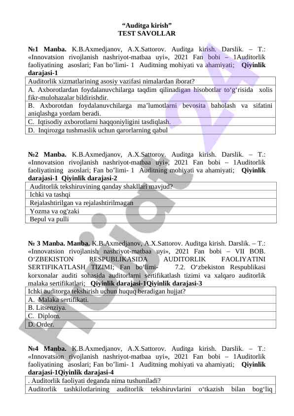 Auditga kirish test savollari bilan tanishing