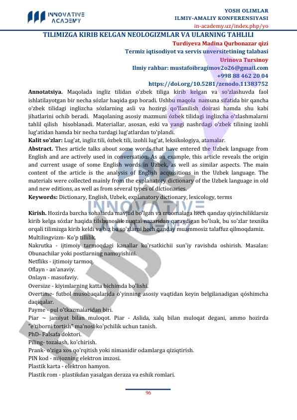 Analiz o‘zbek tiliga kirib kelgan inglizcha sözlar