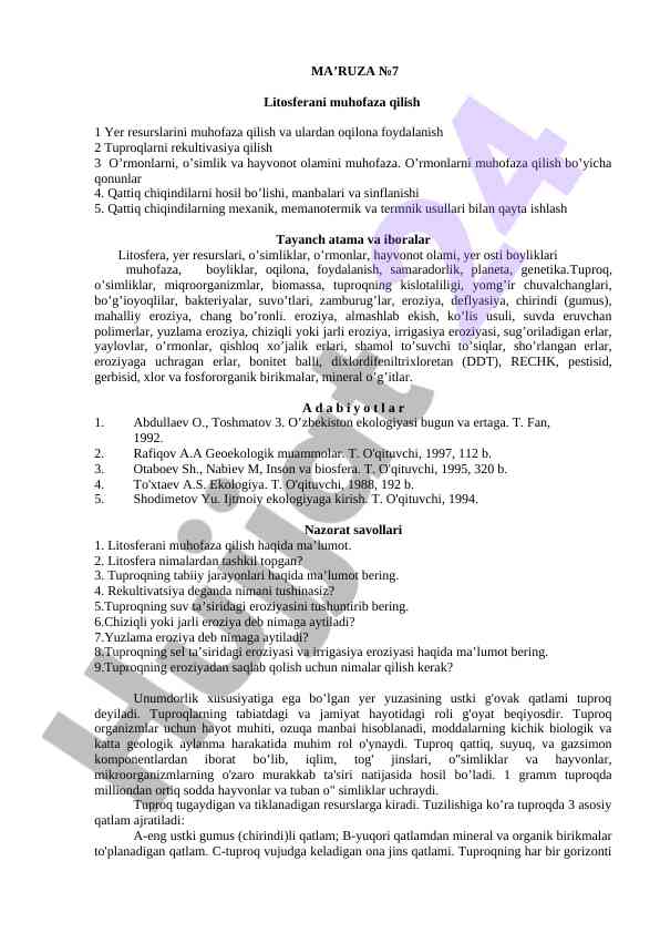 Litosferani muhofaza qilish ва yer resurslari