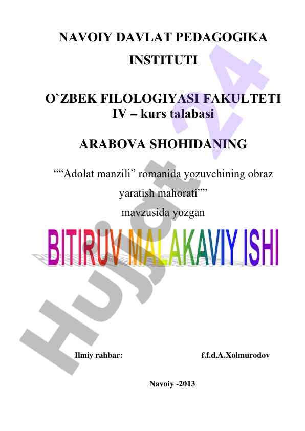Adolat manzili romanida obraz yaratish mahorati