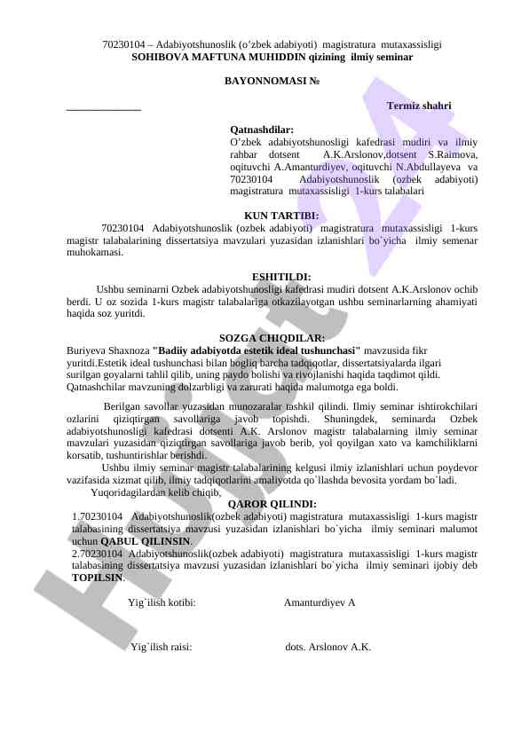 Adabiyotshunoslik Ilmiy Seminar Bayonnomasi