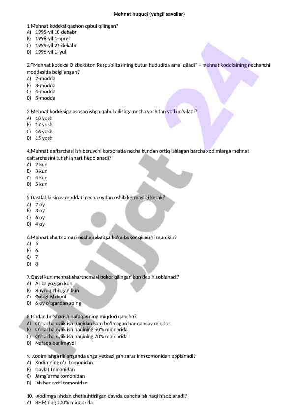 Mehnat huquqi savollariga javob berish testi