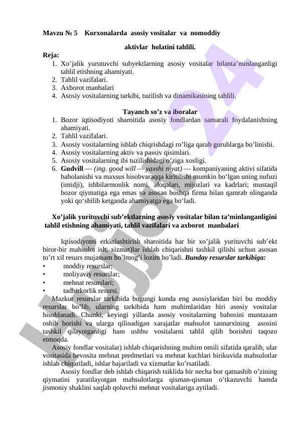 Korxonalarda asosiy vositalar tahlili