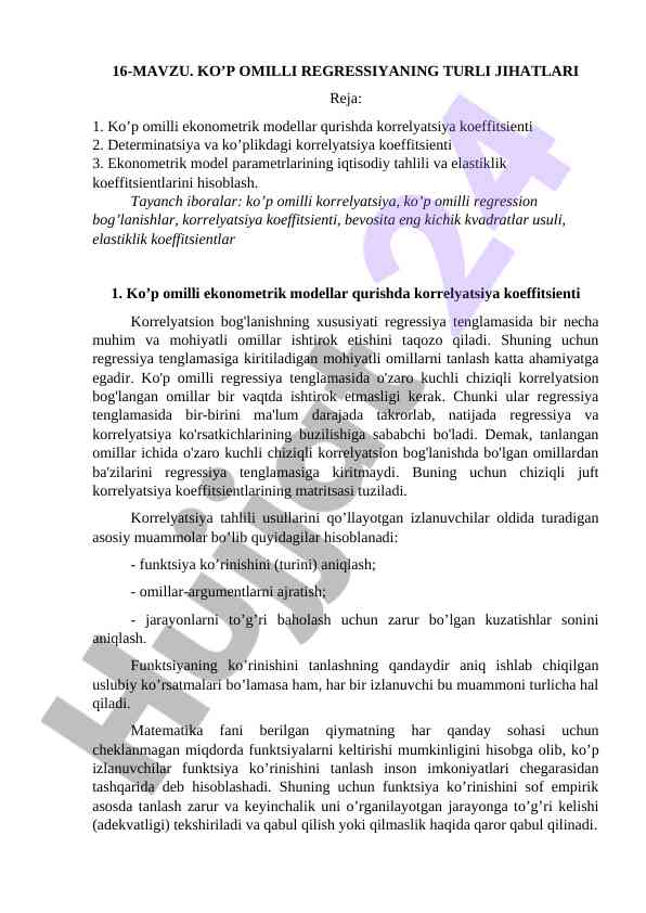 Ko’p Omilli Regressiyaning Turlari