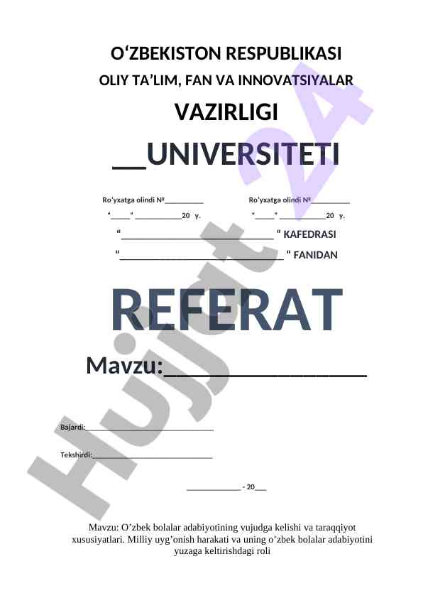 O‘zbek Bolalar Adabiyotining Vujudga Kelishi