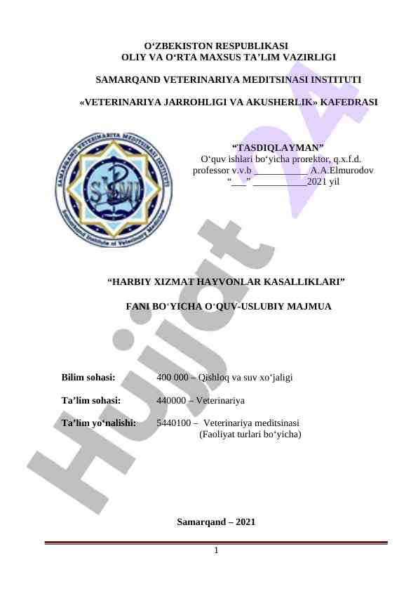 Harbiy xizmat hayvonlar kasalliklari o‘quv uslubiy majmua