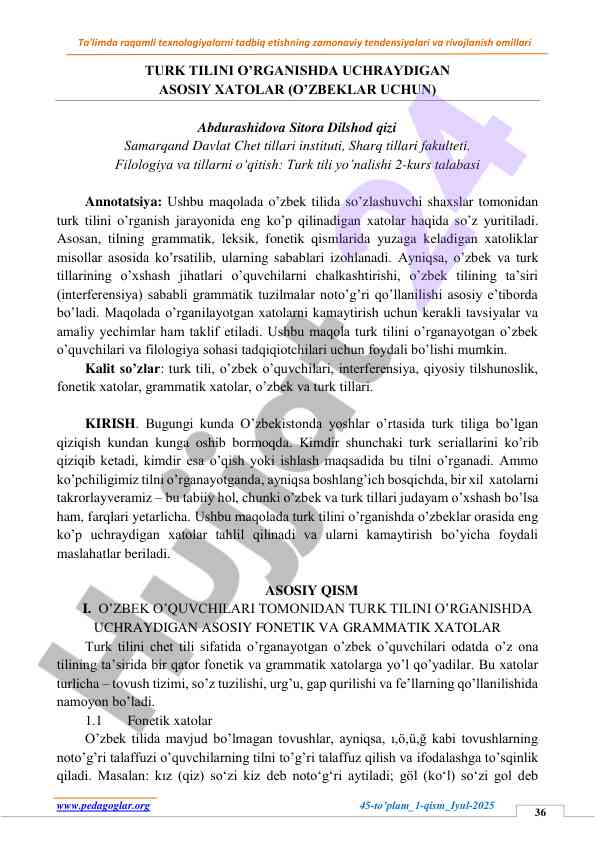 Turk tilida uchrashadigan xatolarni tahlil qilish
