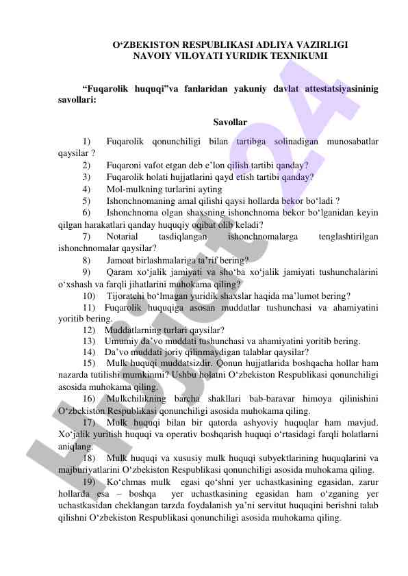 Fuqarolik huquqi davlat attestatsiyasi savollari