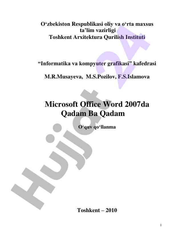 Microsoft office word 2007 o‘quv qo‘llanma