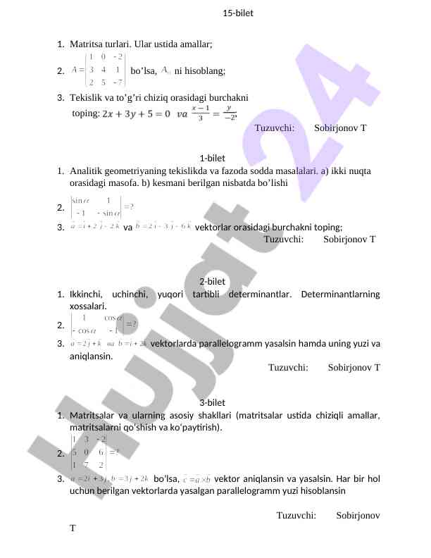 Matritsa turlari va chiziqli algebra masalalari