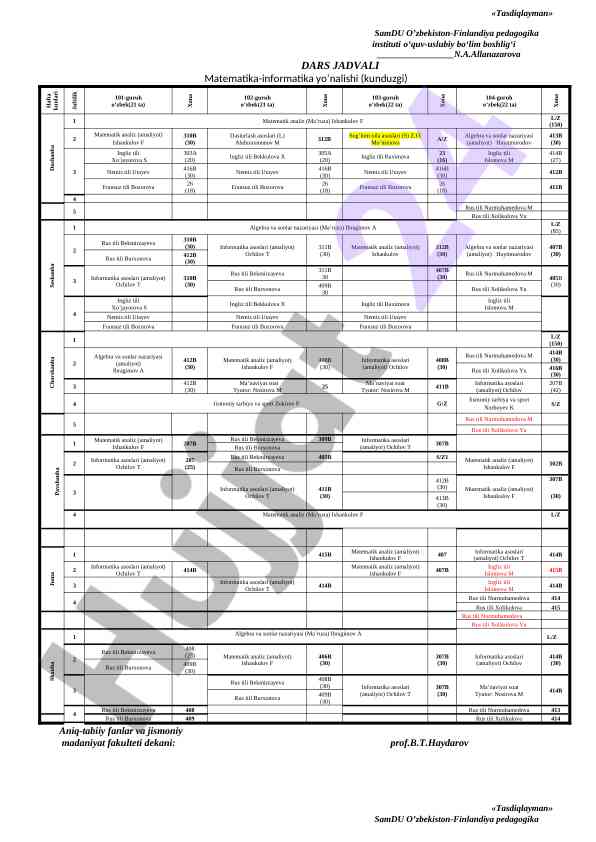 Matematika-informatika dars jadvali 2023