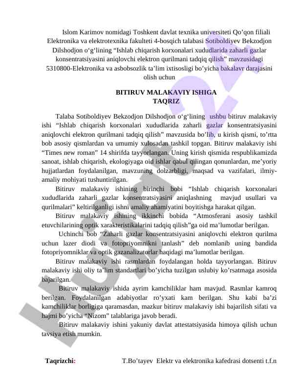 Zaharli gazlar konsentratsiyasini aniqlovchi qurilma