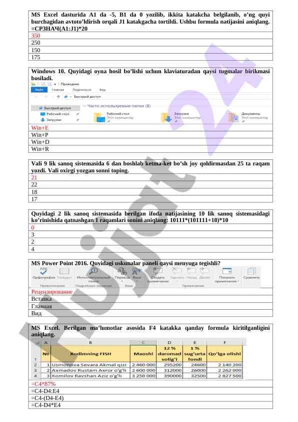 Ms excel va power point dasturlarida test savollari