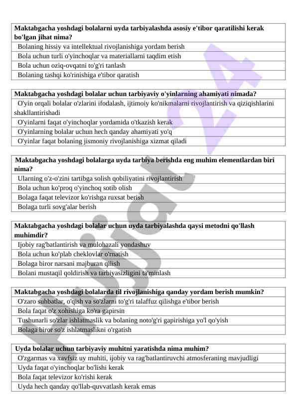 Maktabgacha yoshdagi bolalarni tarbiyalash usullari