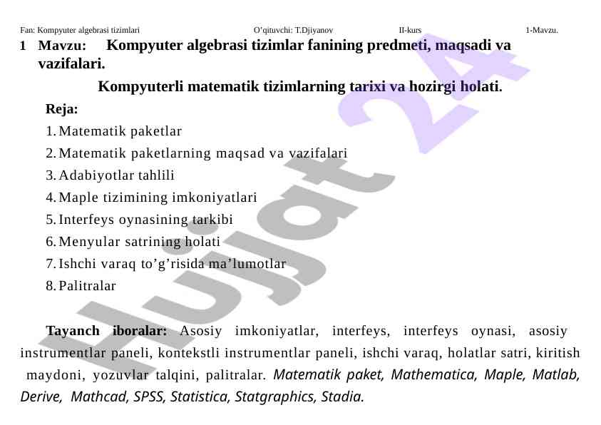 Kompyuter algebrasi tizimlari dars ishlanmasi