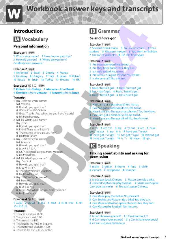 Workbook answer keys and transcripts vocabulary exercise