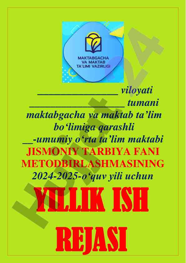 Jismoniy tarbiya fani yillik ish rejasi 2024-2025