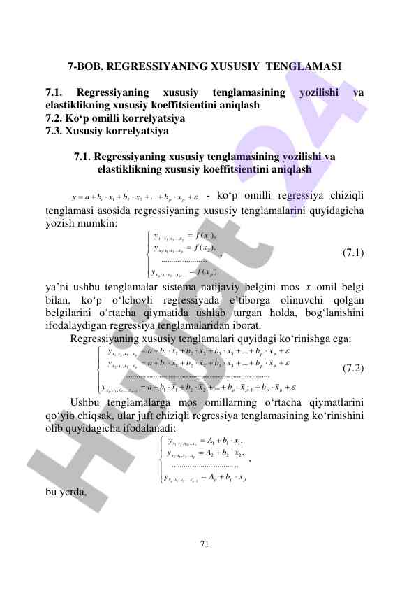 Regressiyaning xususiy tenglamasi va korrelyatsiya