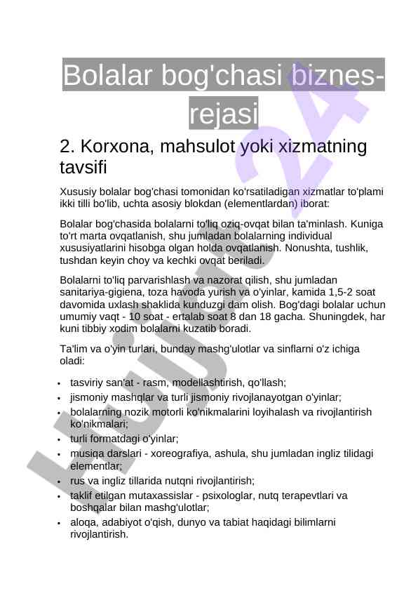 Xususiy bolalar bog'chasi biznes-rejasi