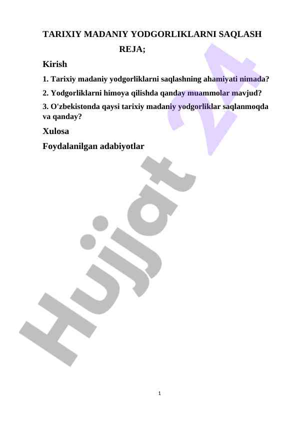 Tarixiy madaniy yodgorliklarni saqlash rejasi