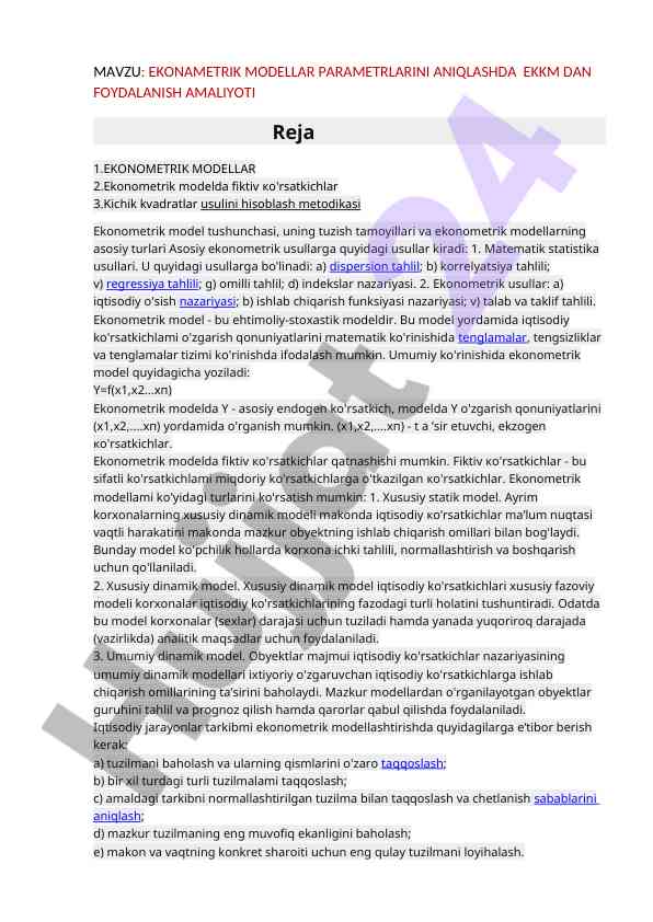 Ekonometrik modellar parametrlarini aniqlash