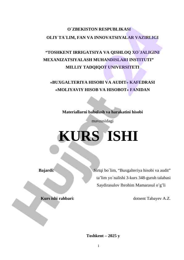 Materiallarni baholash va harakatini hisobi