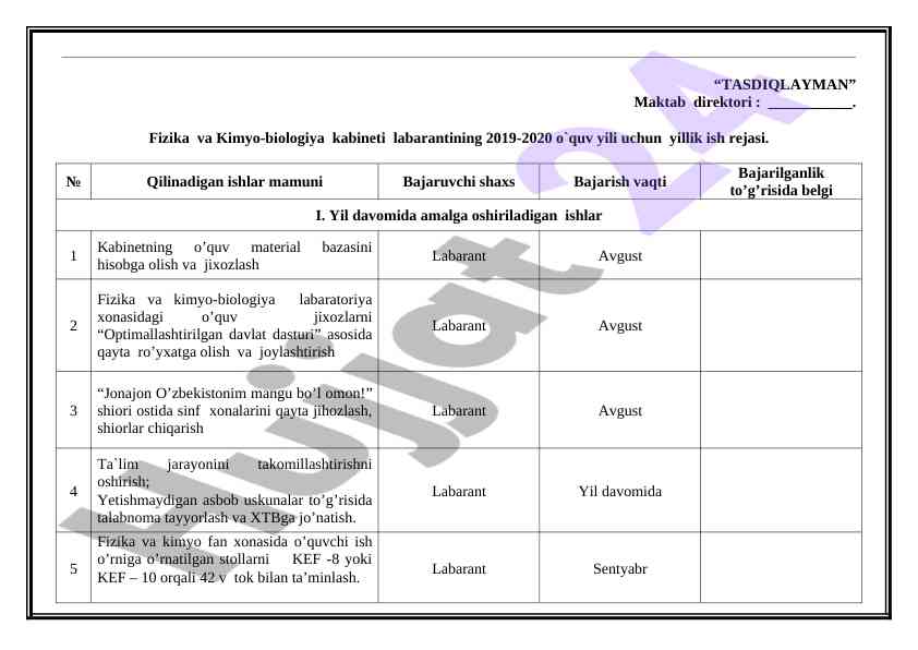 Fizika va kimyo-biologiya laboranti rejasi 2019-2020