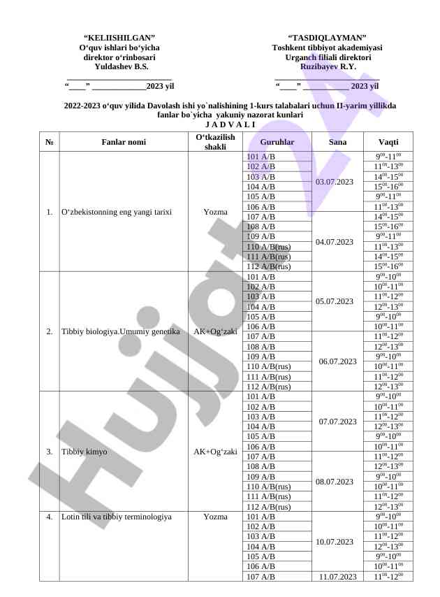 2022-2023 o‘quv yili yakuniy nazorat jadvali
