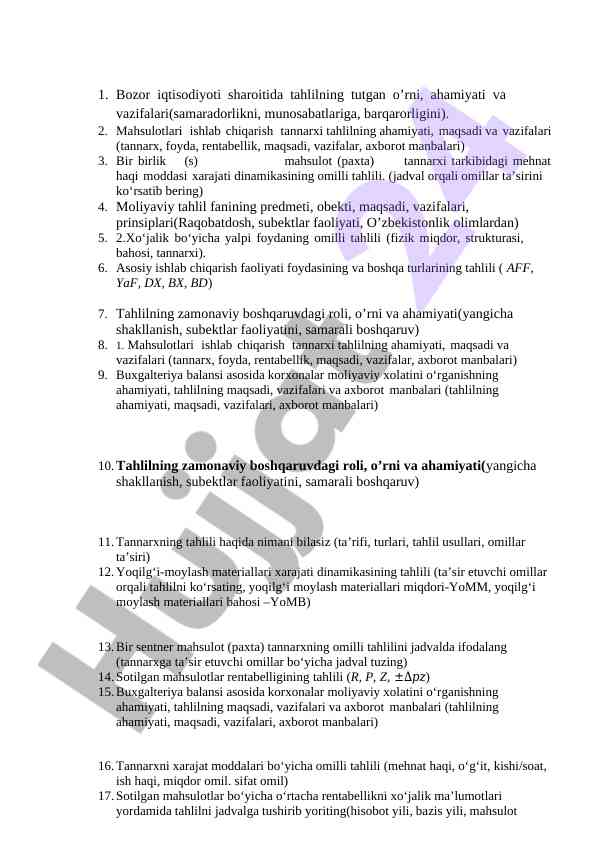 Tahlilning ahamiyati va vazifalari bozor iqtisodiyoti