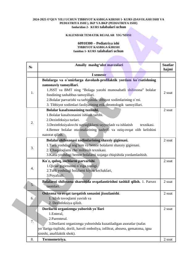 Kalendar tematik rejalar yig′ndisi 2024-2025